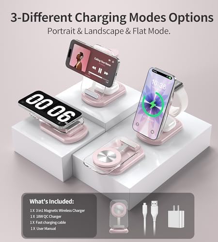 3 in 1 Magnetic Wireless Charging Station for Apple Devices, Fast Foldable Travel Mag-Safe Charger Stand with Night Light for iPhone 17 16 15 14 13 12 Series, Apple Watch/AirPods Pro, PK|B0DM8R5N69