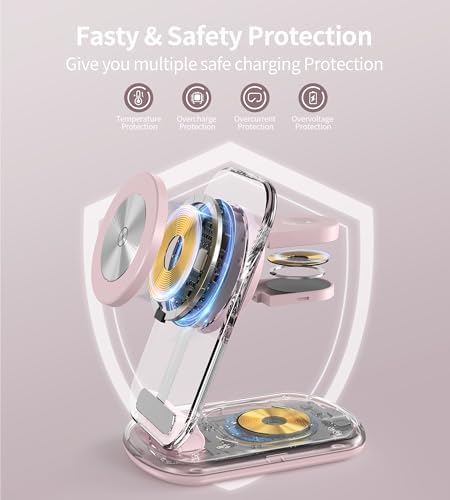 3 in 1 Magnetic Wireless Charging Station for Apple Devices, Fast Foldable Travel Mag-Safe Charger Stand with Night Light for iPhone 17 16 15 14 13 12 Series, Apple Watch/AirPods Pro, PK|B0DM8R5N69