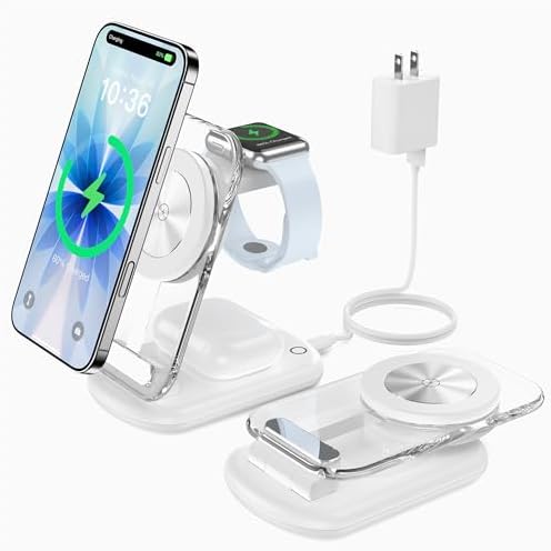 3 in 1 Magnetic Wireless Charging Station for Apple Devices, Fast Foldable Travel Mag-Safe Charger Stand with Night Light for iPhone 17 16 15 14 13 12 Series, Apple Watch/AirPods Pro, PK|B0DM8R5N69