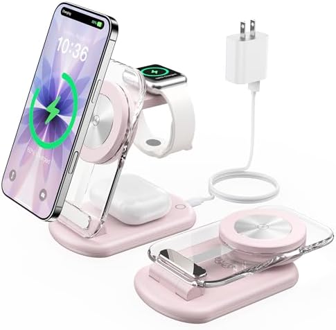 3 in 1 Magnetic Wireless Charging Station for Apple Devices, Fast Foldable Travel Mag-Safe Charger Stand with Night Light for iPhone 17 16 15 14 13 12 Series, Apple Watch/AirPods Pro, PK|B0DM8R5N69