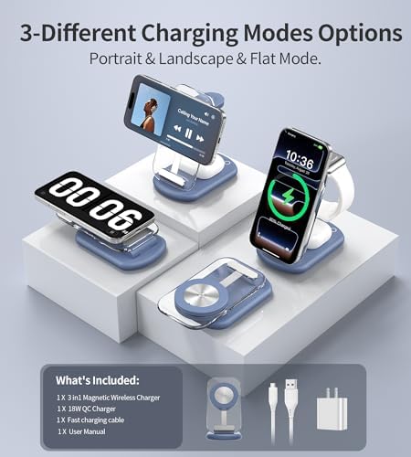 3 in 1 Magnetic Wireless Charging Station for Apple Devices, Fast Foldable Travel Mag-Safe Charger Stand with Night Light for iPhone 17 16 15 14 13 12 Series, Apple Watch/AirPods Pro, PK|B0DM8R5N69
