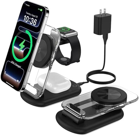 3 in 1 Magnetic Wireless Charging Station for Apple Devices, Fast Foldable Travel Mag-Safe Charger Stand with Night Light for iPhone 17 16 15 14 13 12 Series, Apple Watch/AirPods Pro, PK|B0DM8R5N69