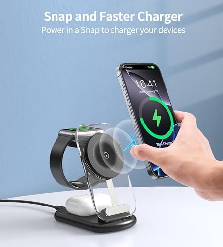 3 in 1 Magnetic Wireless Charging Station for Apple Devices, Fast Foldable Travel Mag-Safe Charger Stand with Night Light for iPhone 17 16 15 14 13 12 Series, Apple Watch/AirPods Pro, PK|B0DM8R5N69