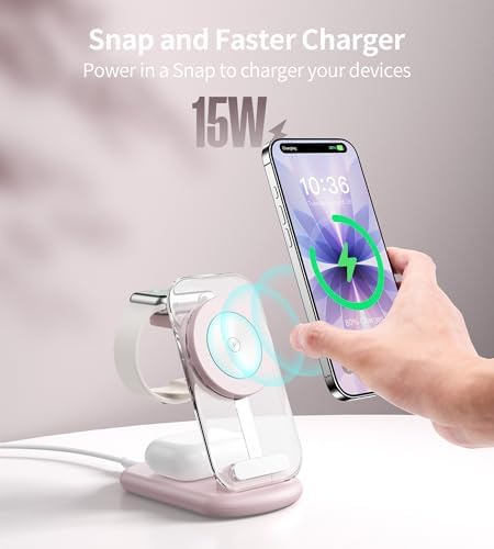 3 in 1 Magnetic Wireless Charging Station for Apple Devices, Fast Foldable Travel Mag-Safe Charger Stand with Night Light for iPhone 17 16 15 14 13 12 Series, Apple Watch/AirPods Pro, PK|B0DM8R5N69