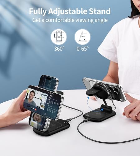3 in 1 Magnetic Wireless Charging Station for Apple Devices, Fast Foldable Travel Mag-Safe Charger Stand with Night Light for iPhone 17 16 15 14 13 12 Series, Apple Watch/AirPods Pro, PK|B0DM8R5N69