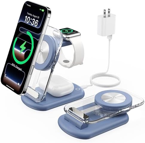 3 in 1 Magnetic Wireless Charging Station for Apple Devices, Fast Foldable Travel Mag-Safe Charger Stand with Night Light for iPhone 17 16 15 14 13 12 Series, Apple Watch/AirPods Pro, PK|B0DM8R5N69