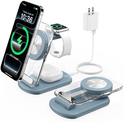 3 in 1 Magnetic Wireless Charging Station for Apple Devices, Fast Foldable Travel Mag-Safe Charger Stand with Night Light for iPhone 17 16 15 14 13 12 Series, Apple Watch/AirPods Pro, PK|B0DM8R5N69