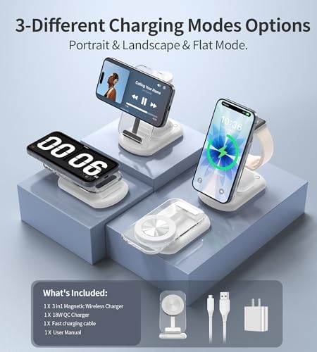 3 in 1 Magnetic Wireless Charging Station for Apple Devices, Fast Foldable Travel Mag-Safe Charger Stand with Night Light for iPhone 17 16 15 14 13 12 Series, Apple Watch/AirPods Pro, PK|B0DM8R5N69