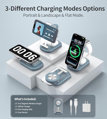 3 in 1 Magnetic Wireless Charging Station for Apple Devices, Fast Foldable Travel Mag-Safe Charger Stand with Night Light for iPhone 17 16 15 14 13 12 Series, Apple Watch/AirPods Pro, PK|B0DM8R5N69