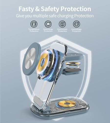 3 in 1 Magnetic Wireless Charging Station for Apple Devices, Fast Foldable Travel Mag-Safe Charger Stand with Night Light for iPhone 17 16 15 14 13 12 Series, Apple Watch/AirPods Pro, PK|B0DM8R5N69