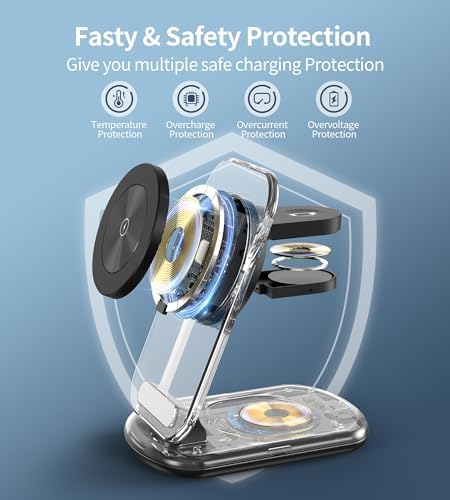 3 in 1 Magnetic Wireless Charging Station for Apple Devices, Fast Foldable Travel Mag-Safe Charger Stand with Night Light for iPhone 17 16 15 14 13 12 Series, Apple Watch/AirPods Pro, PK|B0DM8R5N69