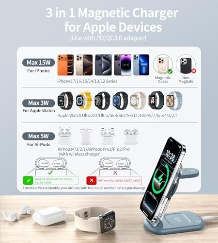 3 in 1 Magnetic Wireless Charging Station for Apple Devices, Fast Foldable Travel Mag-Safe Charger Stand with Night Light for iPhone 17 16 15 14 13 12 Series, Apple Watch/AirPods Pro, PK|B0DM8R5N69