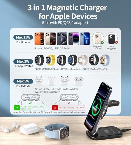 3 in 1 Magnetic Wireless Charging Station for Apple Devices, Fast Foldable Travel Mag-Safe Charger Stand with Night Light for iPhone 17 16 15 14 13 12 Series, Apple Watch/AirPods Pro, PK|B0DM8R5N69