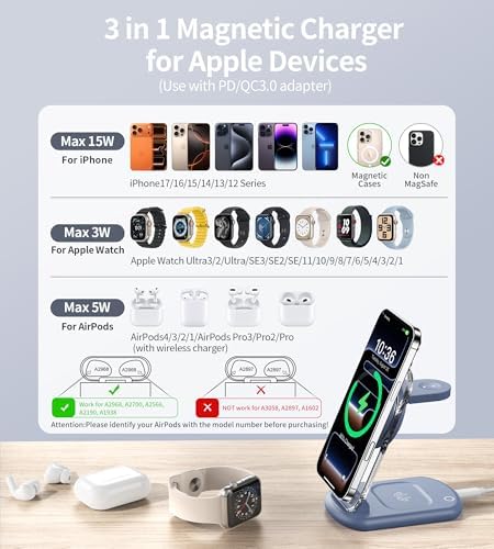 3 in 1 Magnetic Wireless Charging Station for Apple Devices, Fast Foldable Travel Mag-Safe Charger Stand with Night Light for iPhone 17 16 15 14 13 12 Series, Apple Watch/AirPods Pro, PK|B0DM8R5N69