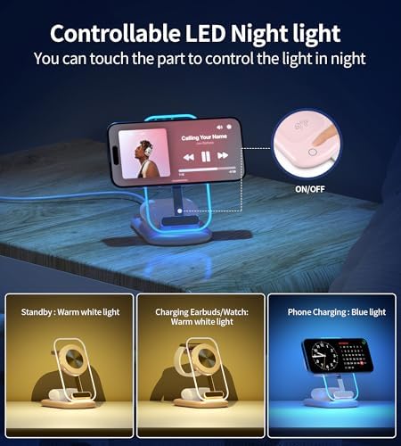 3 in 1 Magnetic Wireless Charging Station for Apple Devices, Fast Foldable Travel Mag-Safe Charger Stand with Night Light for iPhone 17 16 15 14 13 12 Series, Apple Watch/AirPods Pro, PK|B0DM8R5N69
