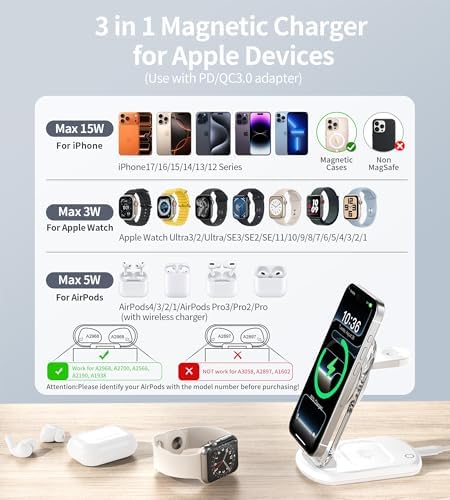 3 in 1 Magnetic Wireless Charging Station for Apple Devices, Fast Foldable Travel Mag-Safe Charger Stand with Night Light for iPhone 17 16 15 14 13 12 Series, Apple Watch/AirPods Pro, PK|B0DM8R5N69
