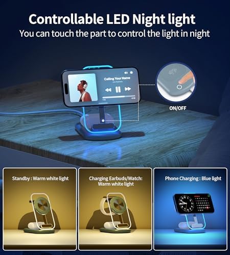 3 in 1 Magnetic Wireless Charging Station for Apple Devices, Fast Foldable Travel Mag-Safe Charger Stand with Night Light for iPhone 17 16 15 14 13 12 Series, Apple Watch/AirPods Pro, PK|B0DM8R5N69