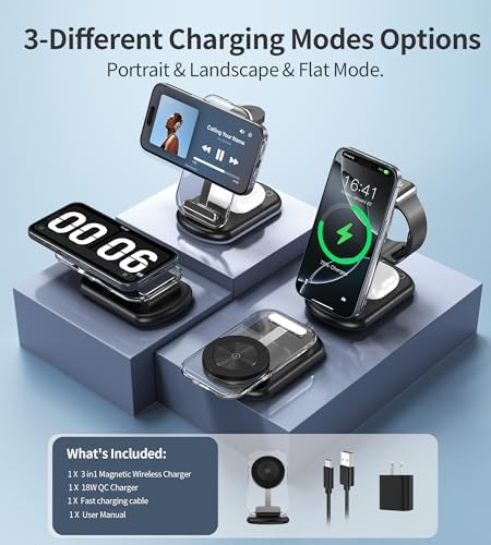 3 in 1 Magnetic Wireless Charging Station for Apple Devices, Fast Foldable Travel Mag-Safe Charger Stand with Night Light for iPhone 17 16 15 14 13 12 Series, Apple Watch/AirPods Pro, PK|B0DM8R5N69