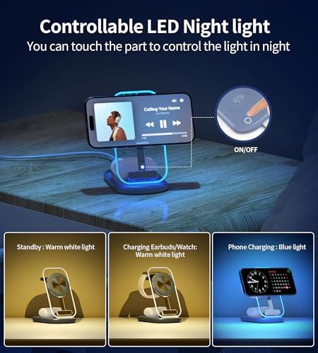3 in 1 Magnetic Wireless Charging Station for Apple Devices, Fast Foldable Travel Mag-Safe Charger Stand with Night Light for iPhone 17 16 15 14 13 12 Series, Apple Watch/AirPods Pro, PK|B0DM8R5N69