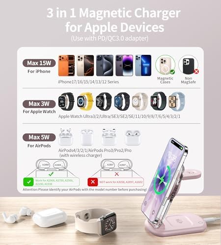 3 in 1 Magnetic Wireless Charging Station for Apple Devices, Fast Foldable Travel Mag-Safe Charger Stand with Night Light for iPhone 17 16 15 14 13 12 Series, Apple Watch/AirPods Pro, PK|B0DM8R5N69