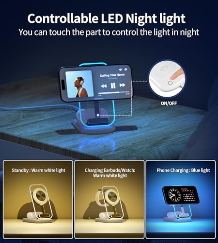 3 in 1 Magnetic Wireless Charging Station for Apple Devices, Fast Foldable Travel Mag-Safe Charger Stand with Night Light for iPhone 17 16 15 14 13 12 Series, Apple Watch/AirPods Pro, PK|B0DM8R5N69