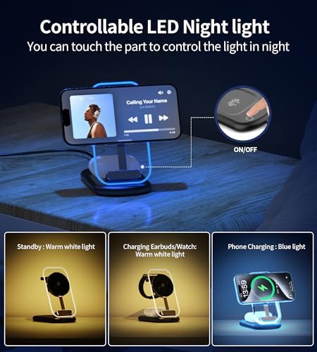 3 in 1 Magnetic Wireless Charging Station for Apple Devices, Fast Foldable Travel Mag-Safe Charger Stand with Night Light for iPhone 17 16 15 14 13 12 Series, Apple Watch/AirPods Pro, PK|B0DM8R5N69
